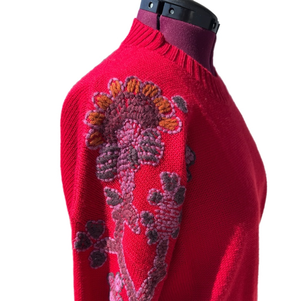 Aventura Women's Vibrant Red Sweater with EMBROIDERED Floral Design